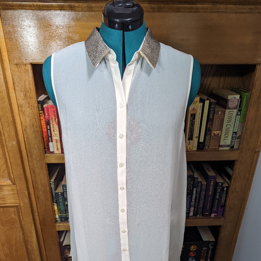 White/Sheer sleeveless button down with gold collar detail